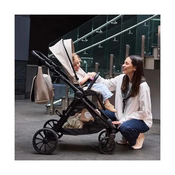 Kinderkraft VESTO 2 Stroller, Pushchair up to 22 kg, Dual-Facing Seat, One-Hand Memory Buttons, Self-Standing Fold, All-Wheel Suspension, Treaded 8” and 11” Wheels, Footmuff, Cup Holder, Black