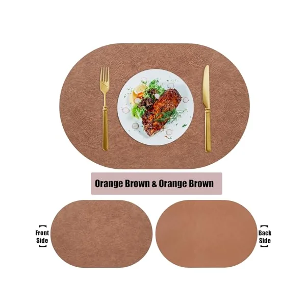 KnSam Christmas Place Mat Natural Oval Set of 2 PVC Leather Place Mat Vintage Reversible Plain Cowhide Texture Table Coasters Boho Orange Brown for Restaurant Dining Table 30 x 45 cm