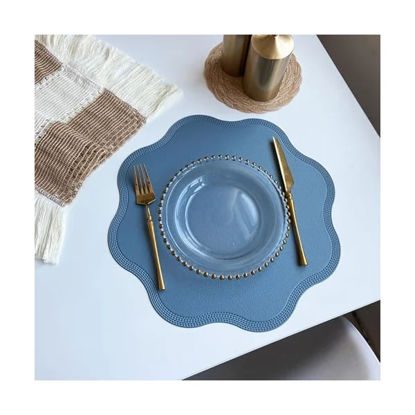 KnSam Christmas Placemats, Set of 2, PVC Leather Place Mats, Christmas, Plain, Floral Pattern, Heat-Resistant, Table Coasters, Boho Blue for Dining Table, Anti-Fouling and Easy to Clean, 38 cm
