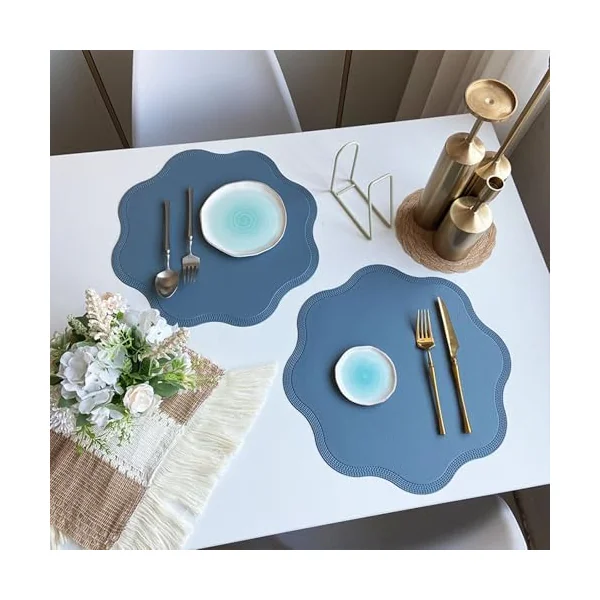 KnSam Christmas Placemats, Set of 2, PVC Leather Place Mats, Christmas, Plain, Floral Pattern, Heat-Resistant, Table Coasters, Boho Blue for Dining Table, Anti-Fouling and Easy to Clean, 38 cm