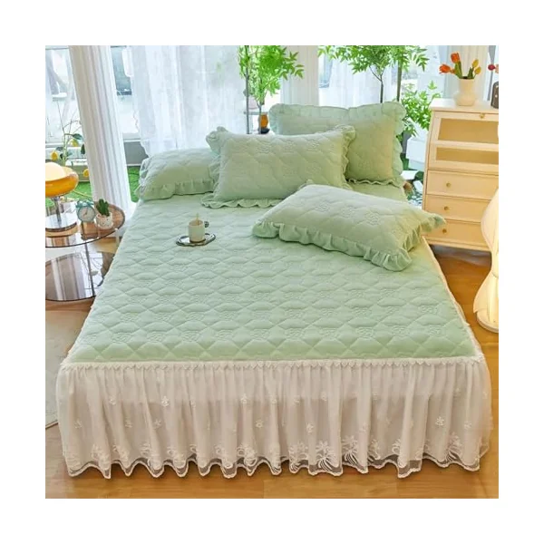 KnSam Mattress Topper Fitted Sheet – 200 x 220 cm – 30 cm Deep Pocket – Mint Green, Embroidered Velvet Bed Skirt with Soft Warm Flower Design