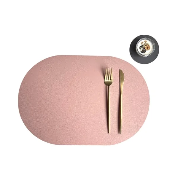 KnSam Place Mat Fabric Washable with Coasters Oval Set of 6 PU Leather Place Mats Reversible Two-Tone Plain Table Mat Set Washable Rose Dark Grey for Dining Table Anti-Fouling 30 x 43.5 cm