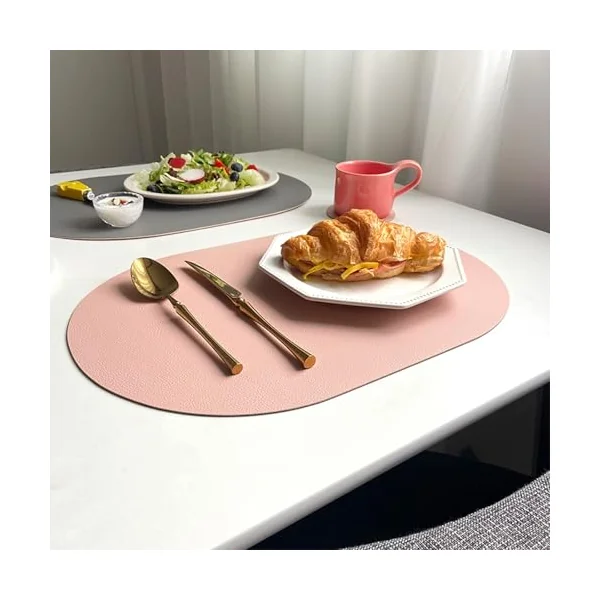 KnSam Place Mat Fabric Washable with Coasters Oval Set of 6 PU Leather Place Mats Reversible Two-Tone Plain Table Mat Set Washable Rose Dark Grey for Dining Table Anti-Fouling 30 x 43.5 cm