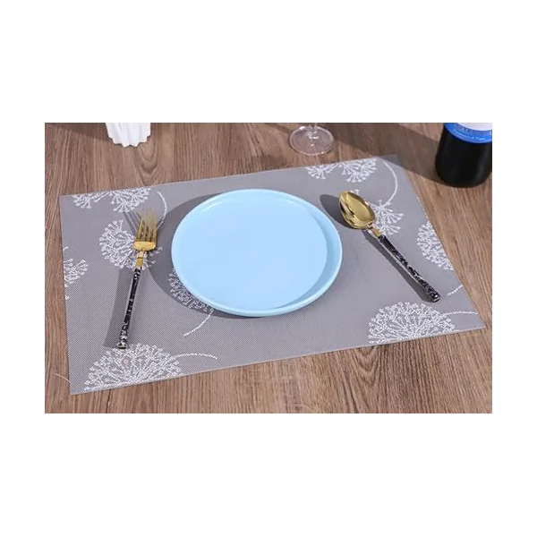 KnSam Set of 6 Christmas Placemats, Washable, Square, 45 x 30 cm, 70% PVC + 30% PET Placemats, Vintage, Rectangular with Dandelion Pattern, Heat-Resistant, Table Coasters, Decoration, Light Grey, for