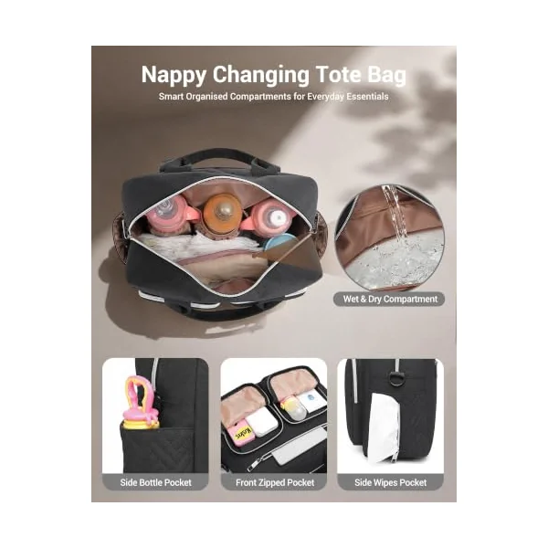 Kono Baby Changing Bag Multi-Functional Nappy Tote with Stroller Straps | 3 Insulated Bottle Pockets, Wet Dry Separation, Water Resistant Diaper Bag, Ideal Maternity Hospital Bag for Mum and Dad
