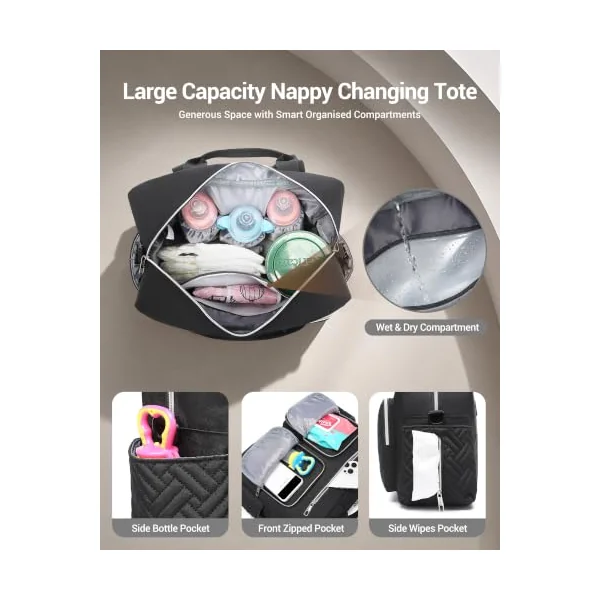 Kono Baby Changing Bag with Portable Changing Mat，Nappy Bags for Mum & Dad | Diaper Bag with Pram Clips and Insulated Pockets, Large Hospital Maternity Tote for Newborn Baby Essentials