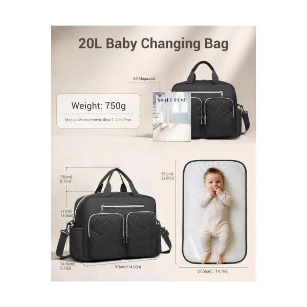 Kono Baby Changing Bag with Portable Changing Mat，Nappy Bags for Mum & Dad | Diaper Bag with Pram Clips and Insulated Pockets, Large Hospital Maternity Tote for Newborn Baby Essentials