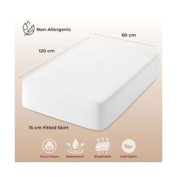 Lakhmaali Terry Waterproof Cot Bed Mattress Protector 60x120cm, Deep Fitted | Terry Towel Top, Deep Fitted Skirt, Fits Cot Bed 60x120cm, Breathable, Quiet, Baby Cot Bed Waterproof Mattress Protector