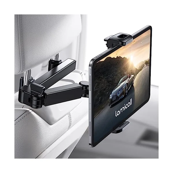 Lamicall Car Headrest Tablet Mount - [Aluminium Arm] Adjustable Car Tablet Holder, 360° Rotating Backseat Mount for Kids, for 2024 iPad Pro 13, Air 6, Mini, Tab, Phones, 4.7-13” Device - Black