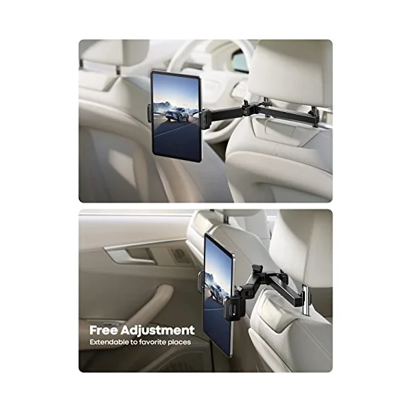 Lamicall Car Headrest Tablet Mount - [Aluminium Arm] Adjustable Car Tablet Holder, 360° Rotating Backseat Mount for Kids, for 2024 iPad Pro 13, Air 6, Mini, Tab, Phones, 4.7-13” Device - Black