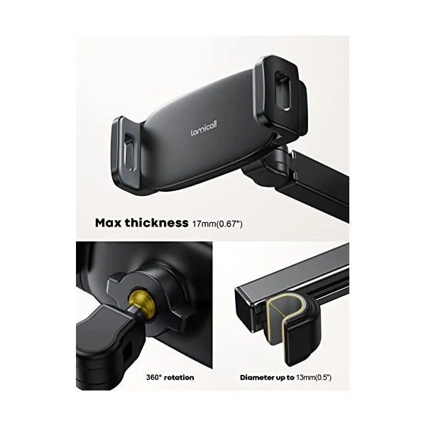 Lamicall Car Headrest Tablet Mount - [Aluminium Arm] Adjustable Car Tablet Holder, 360° Rotating Backseat Mount for Kids, for 2024 iPad Pro 13, Air 6, Mini, Tab, Phones, 4.7-13” Device - Black