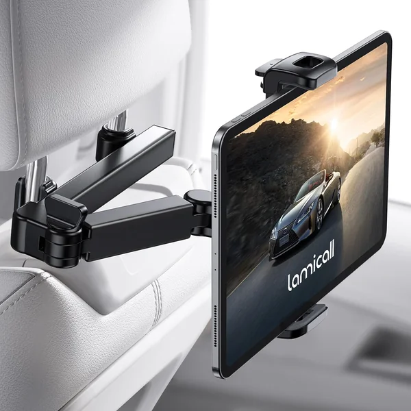 Lamicall Car Headrest Tablet Mount - [Aluminium Arm] Adjustable Car Tablet Holder, 360° Rotating Backseat Mount for Kids, for 2024 iPad Pro 13, Air 6, Mini, Tab, Phones, 4.7-13” Device - Black