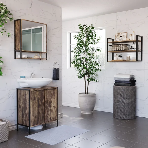 Lana Matt Wood Rectangular Wall-mounted Bathroom Shelf (D)23.5cm (H)48cm (L)23.5cm