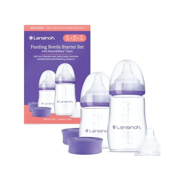 Lansinoh Anti Colic Baby Bottle Set 160ml & 240ml + Slow Medium Fast Teats | Reduces Nipple Confusion - BPA & BPS-Free Breastfeeding Bottle Stackable Lid Fridge Freezer Milk Storage Feeding Bottles