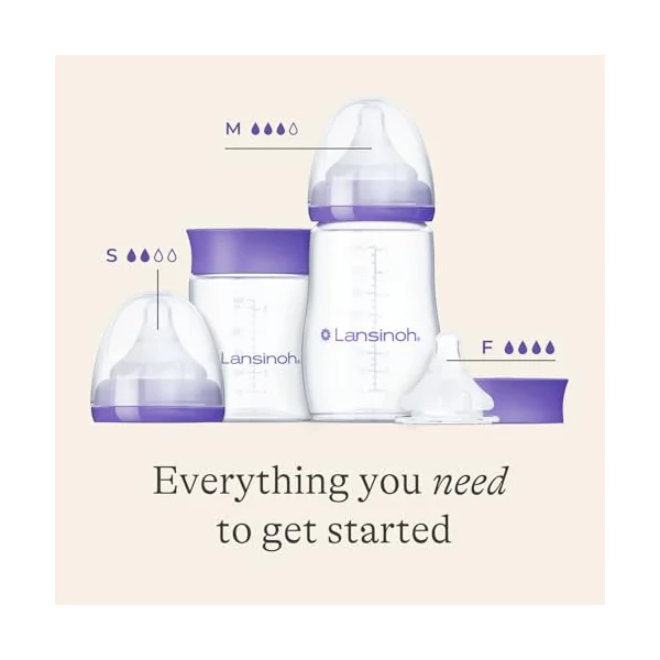 Lansinoh Anti Colic Baby Bottle Set 160ml & 240ml + Slow Medium Fast Teats | Reduces Nipple Confusion - BPA & BPS-Free Breastfeeding Bottle Stackable Lid Fridge Freezer Milk Storage Feeding Bottles