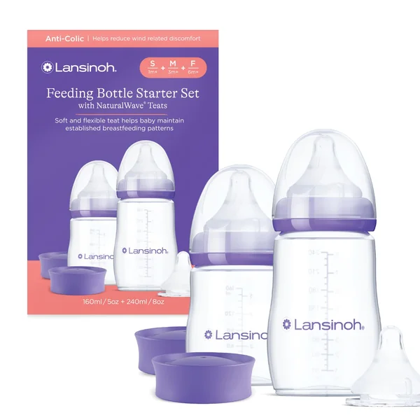 Lansinoh Anti Colic Baby Bottle Set 160ml & 240ml + Slow Medium Fast Teats | Reduces Nipple Confusion - BPA & BPS-Free Breastfeeding Bottle Stackable Lid Fridge Freezer Milk Storage Feeding Bottles