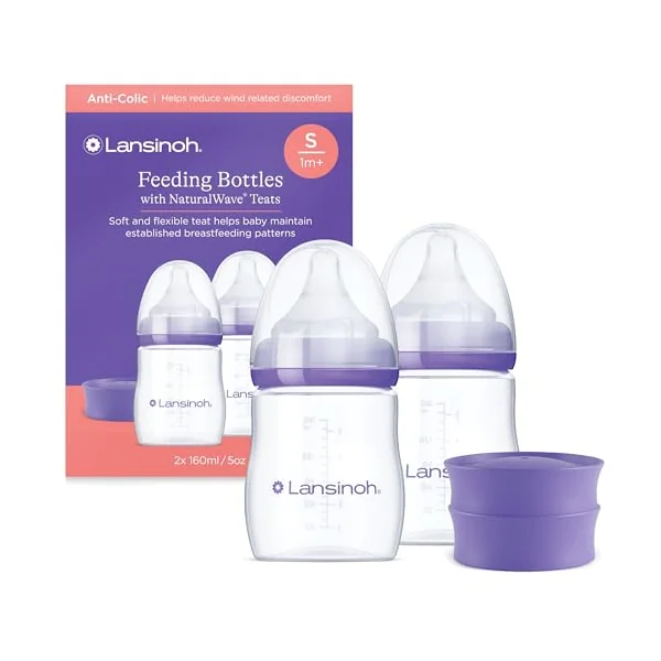 Lansinoh Anti Colic Baby Bottles 160 ml - 2 Pack - Slow Flow Teats | Reduces Nipple Confusion - BPA & BPS-Free Breastfeeding Bottle Stackable Lid Fridge Freezer Milk Storage Feeding Bottles