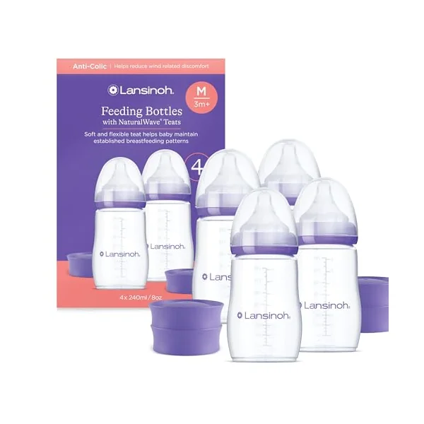 Lansinoh Anti Colic Baby Bottles 240 ml - 4 Pack - Medium Flow Teats | Reduces Nipple Confusion - BPA & BPS-Free Breastfeeding Bottle Stackable Lid Fridge Freezer Milk Storage Feeding Bottles