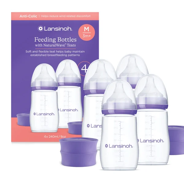 Lansinoh Anti Colic Baby Bottles 240 ml - 4 Pack - Medium Flow Teats | Reduces Nipple Confusion - BPA & BPS-Free Breastfeeding Bottle Stackable Lid Fridge Freezer Milk Storage Feeding Bottles