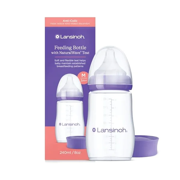 Lansinoh Anti Colic Baby Bottles 240 ml - Medium Flow Teats | Reduces Nipple Confusion - BPA & BPS-Free Breastfeeding Bottle Stackable Lid Fridge Freezer Milk Storage Feeding Bottles