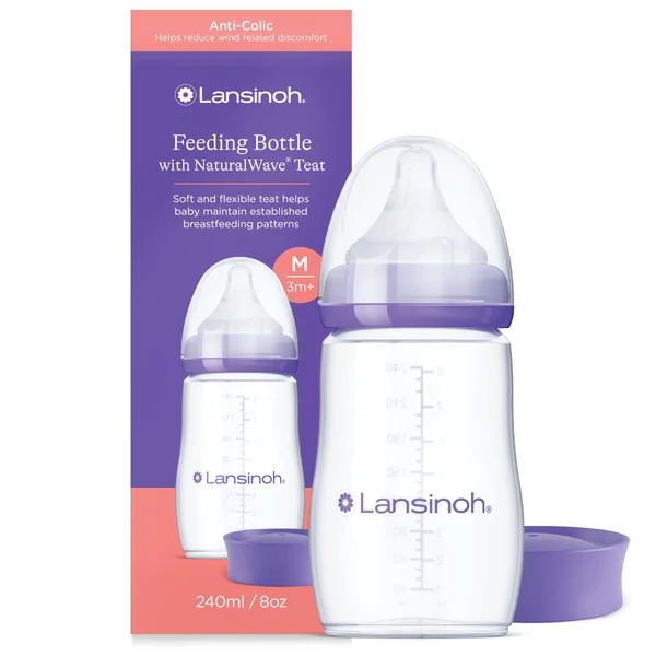 Lansinoh Anti Colic Baby Bottles 240 ml - Medium Flow Teats | Reduces Nipple Confusion - BPA & BPS-Free Breastfeeding Bottle Stackable Lid Fridge Freezer Milk Storage Feeding Bottles