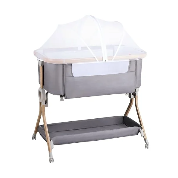 Larex Next To Me Crib，Baby Bassinet Bedside Sleeper Crib Co Sleeper with Mosquito Net, Storage Bag & Basket,Baby Crib with 5-Height Adjustable Levels, Breathable Mattress & Mesh(Dark Grey)
