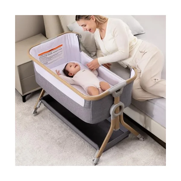 Larex Next To Me Crib，Baby Bassinet Bedside Sleeper Crib Co Sleeper with Mosquito Net, Storage Bag & Basket,Baby Crib with 5-Height Adjustable Levels, Breathable Mattress & Mesh(Dark Grey)