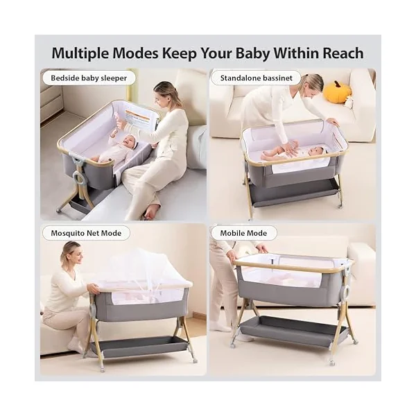 Larex Next To Me Crib，Baby Bassinet Bedside Sleeper Crib Co Sleeper with Mosquito Net, Storage Bag & Basket,Baby Crib with 5-Height Adjustable Levels, Breathable Mattress & Mesh(Dark Grey)