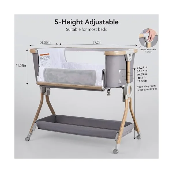 Larex Next To Me Crib，Baby Bassinet Bedside Sleeper Crib Co Sleeper with Mosquito Net, Storage Bag & Basket,Baby Crib with 5-Height Adjustable Levels, Breathable Mattress & Mesh(Dark Grey)