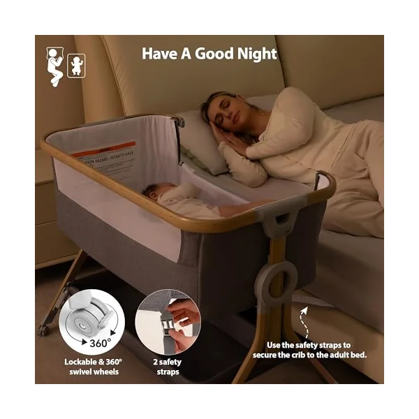 Larex Next To Me Crib，Baby Bassinet Bedside Sleeper Crib Co Sleeper with Mosquito Net, Storage Bag & Basket,Baby Crib with 5-Height Adjustable Levels, Breathable Mattress & Mesh(Dark Grey)