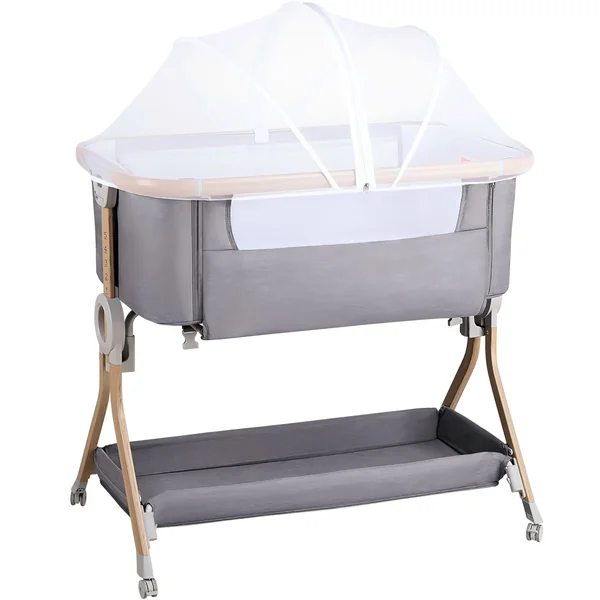 Larex Next To Me Crib，Baby Bassinet Bedside Sleeper Crib Co Sleeper with Mosquito Net, Storage Bag & Basket,Baby Crib with 5-Height Adjustable Levels, Breathable Mattress & Mesh(Dark Grey)