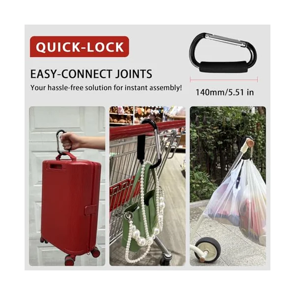 Large Aluminum Carabiner, Heavy-Duty Stroller Hooks for Hanging Bags and Shopping – Durable Multi-Purpose Carabiner Clips for Camping, Hiking, Travel, Outdoor Accessories