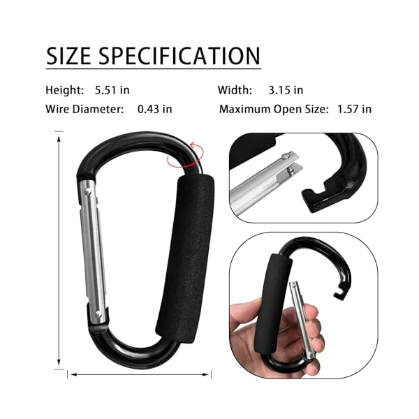 Large Aluminum Carabiner, Heavy-Duty Stroller Hooks for Hanging Bags and Shopping – Durable Multi-Purpose Carabiner Clips for Camping, Hiking, Travel, Outdoor Accessories