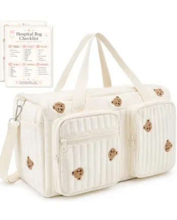 Large Baby Changing Bag, Hospital Bag with Checklist Card, Cream White | Spacious 48 × 22 × 26 cm Nappy Bag with Checklist Card, Bear Design and Shoulder Strap for Mums, Hospital Stays and Travel