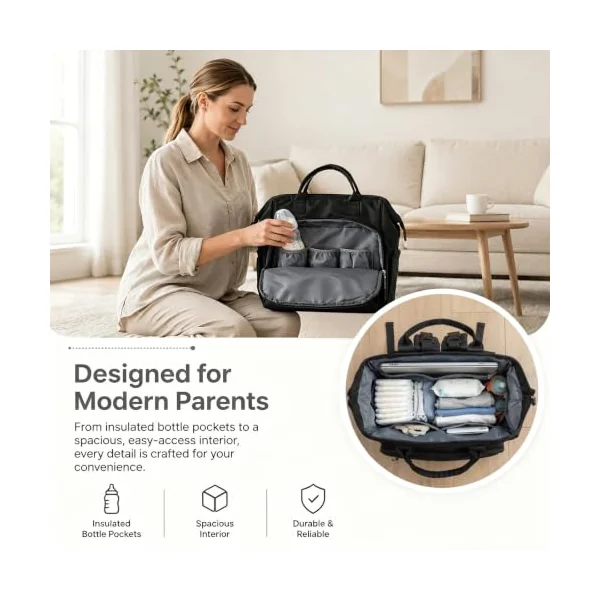 Large Nappy Changing Bag Backpack with 14 Pockets (Black)
