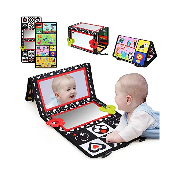 LEADSTAR Tummy Time Mirror Toys,Baby Floor Mirror Foldable Black and White Sensory Toy,High Contrast Patterns Developmental Montessori Crawling Toy for Newborn Infant Toddler 0 3 6 12 Months Gift