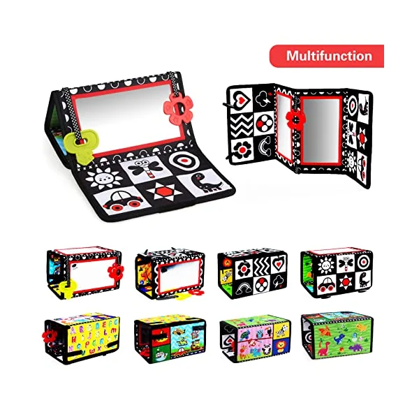 LEADSTAR Tummy Time Mirror Toys,Baby Floor Mirror Foldable Black and White Sensory Toy,High Contrast Patterns Developmental Montessori Crawling Toy for Newborn Infant Toddler 0 3 6 12 Months Gift