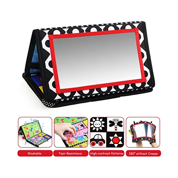 LEADSTAR Tummy Time Mirror Toys,Baby Floor Mirror Foldable Black and White Sensory Toy,High Contrast Patterns Developmental Montessori Crawling Toy for Newborn Infant Toddler 0 3 6 12 Months Gift