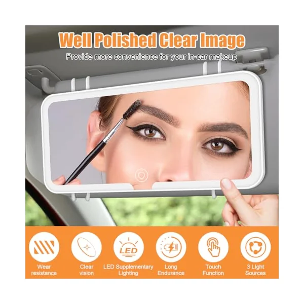 LED Car Vanity Mirror with 3 Light Modes, Rear View for Infants and Children, Rechargeable Touch on Screen, Simple and Practical Sun Visor Makeup Mirror, Suitable for Most Cars