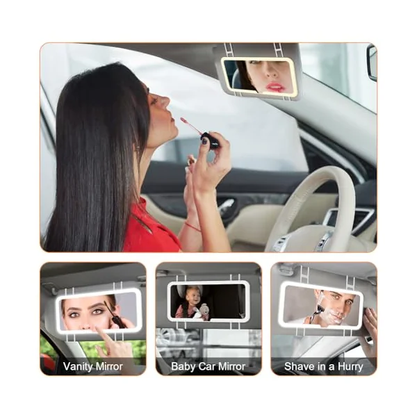 LED Car Vanity Mirror with 3 Light Modes, Rear View for Infants and Children, Rechargeable Touch on Screen, Simple and Practical Sun Visor Makeup Mirror, Suitable for Most Cars