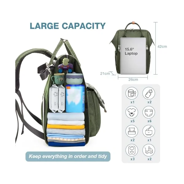 Lekebaby Baby Trolley Bag Maternity Bag Mom Travel Waterproof Backpacks for Diapers Large Capacity with Laptop Changing Pad and Parts Hooks Baby Trolley, dark green, M