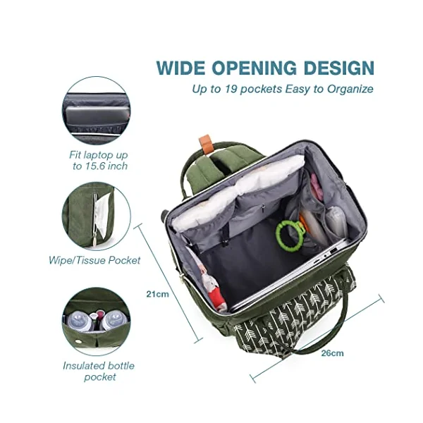 Lekebaby Baby Trolley Bag Maternity Bag Mom Travel Waterproof Backpacks for Diapers Large Capacity with Laptop Changing Pad and Parts Hooks Baby Trolley, dark green, M