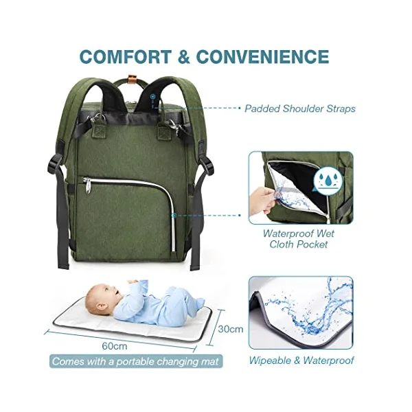 Lekebaby Baby Trolley Bag Maternity Bag Mom Travel Waterproof Backpacks for Diapers Large Capacity with Laptop Changing Pad and Parts Hooks Baby Trolley, dark green, M
