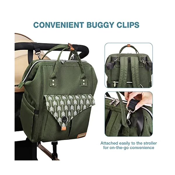 Lekebaby Baby Trolley Bag Maternity Bag Mom Travel Waterproof Backpacks for Diapers Large Capacity with Laptop Changing Pad and Parts Hooks Baby Trolley, dark green, M