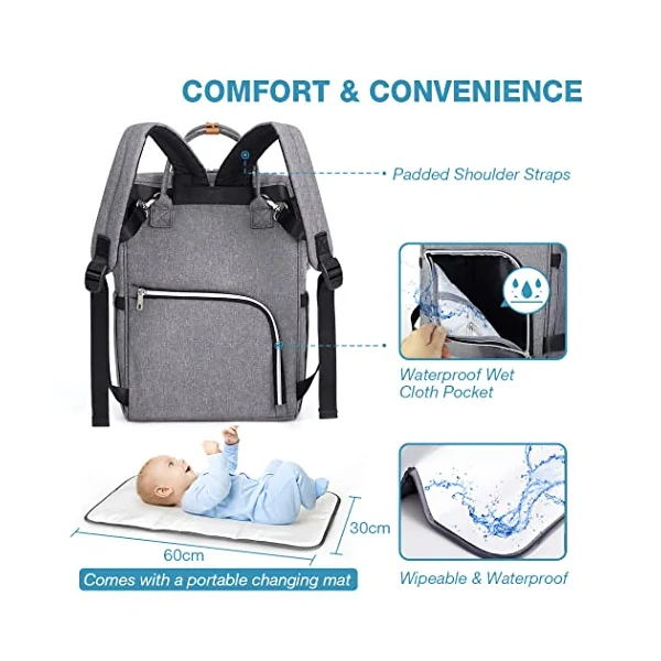 Lekebaby Nappy Changing Bag Backpack with Changing Mat, Arrow Print, Grey