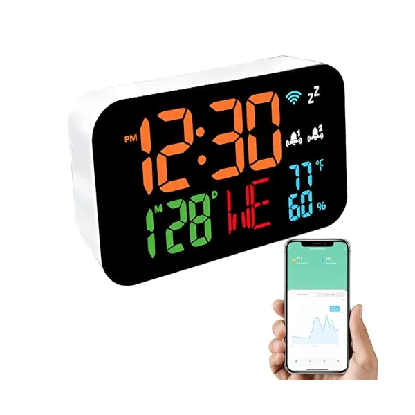 LICAEVEY Smart WiFi Temperature Humidity Clock, Large Display with Adjustable Brightness, Indoor Thermometer Hygrometer with Alarm for Home Office Baby Room (White White Light)