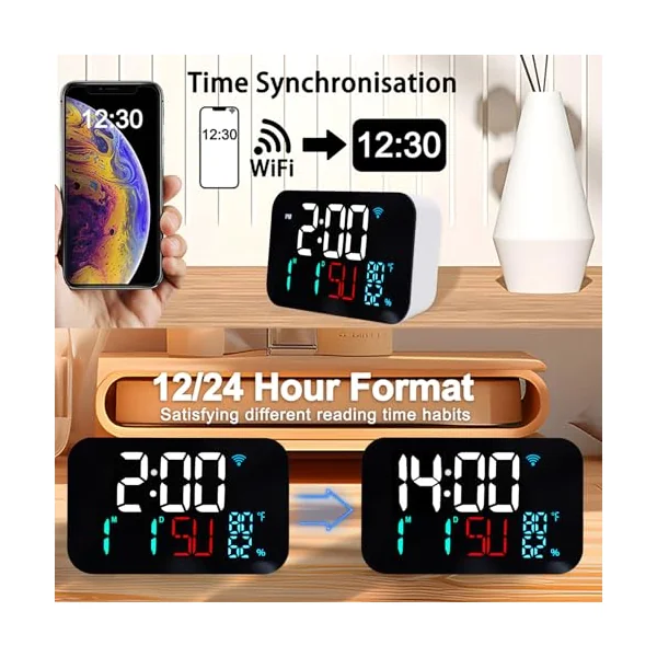 LICAEVEY Smart WiFi Temperature Humidity Clock, Large Display with Adjustable Brightness, Indoor Thermometer Hygrometer with Alarm for Home Office Baby Room (White White Light)