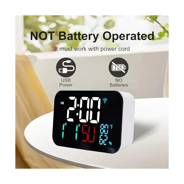 LICAEVEY Smart WiFi Temperature Humidity Clock, Large Display with Adjustable Brightness, Indoor Thermometer Hygrometer with Alarm for Home Office Baby Room (White White Light)