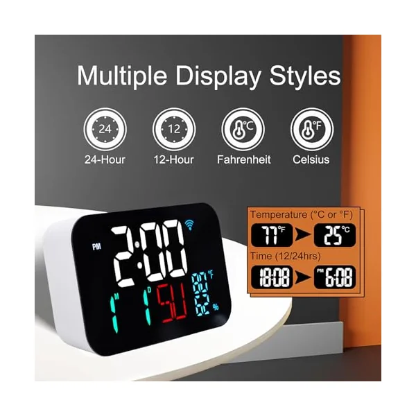 LICAEVEY Smart WiFi Temperature Humidity Clock, Large Display with Adjustable Brightness, Indoor Thermometer Hygrometer with Alarm for Home Office Baby Room (White White Light)