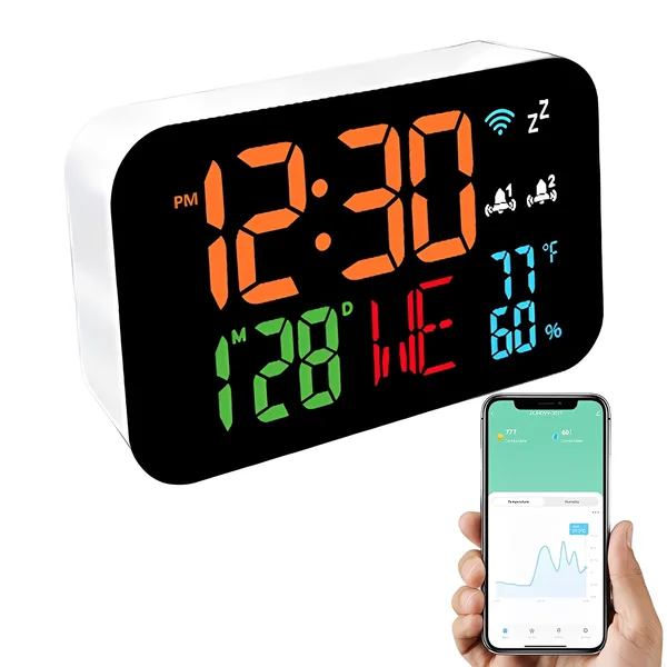LICAEVEY Smart WiFi Temperature Humidity Clock, Large Display with Adjustable Brightness, Indoor Thermometer Hygrometer with Alarm for Home Office Baby Room (White White Light)